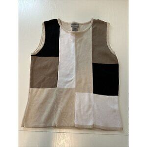Designers Original Color Block Knit Sleeveless Top Sz S Petite, White/Black/Tan